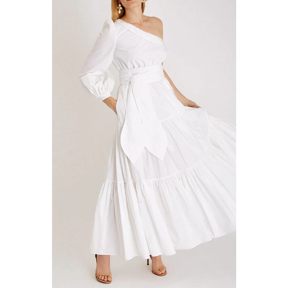 Hester Bly The Nancy One Shoulder Cotton Poplin Embroidered Dress White S